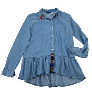 Alison Andrews Womens Blue Chambray Boho Embroidered Peplum Shirt Medium